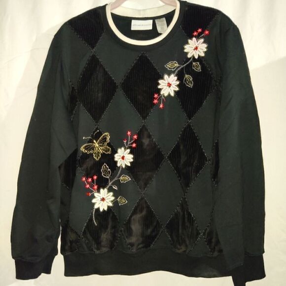 Alfred Dunner Black With White Floral Design Sweater Women's Size XL - Picture 1 of 6